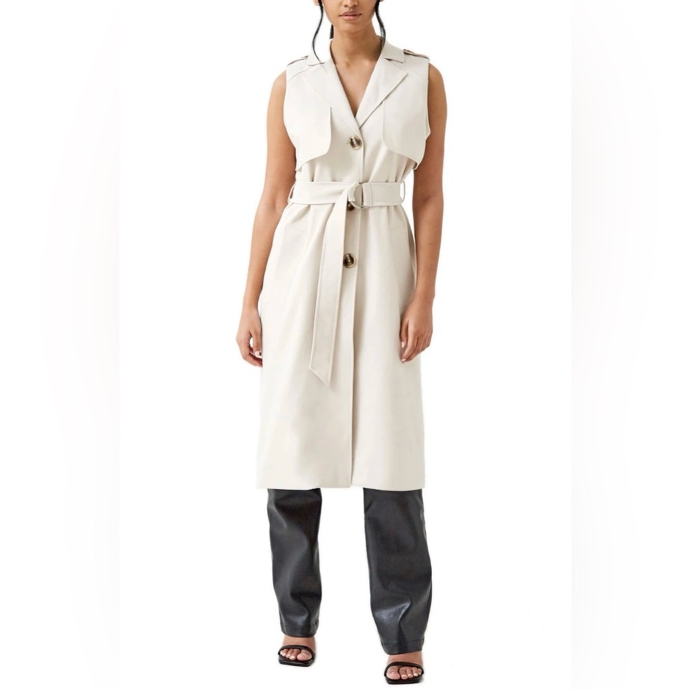 Arden Sleeveless Cream/Beige Belted Trench Coat Vest